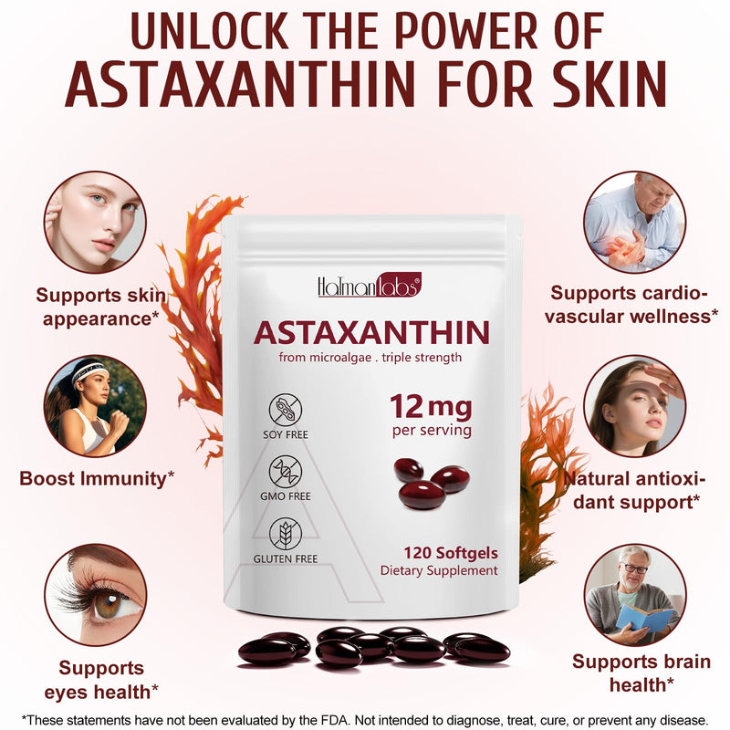 Astaxanthin Supplements 12mg 120 Softgels,Premium Astaxanthin Antioxidant Supplements,Triple Strength Skin Vitamins with Antioxidant Activity,Supports Eye, Joint, Brain, Heart & Immune System (1) 1 - BeesActive Australia