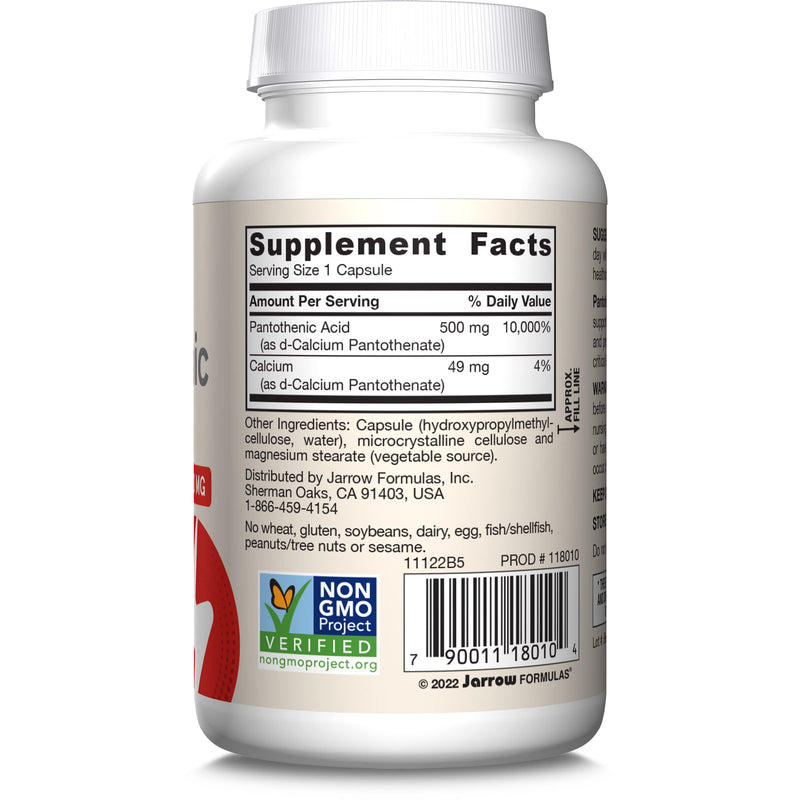 Jarrow Formulas Pantothenic Acid B5 500 mg - 100 Veggie Caps - Essential B Vitamin Dietary Supplement - Energy Production & Metabolism Support - 100 Servings (Pack of 4) 100 Count (Pack of 4)