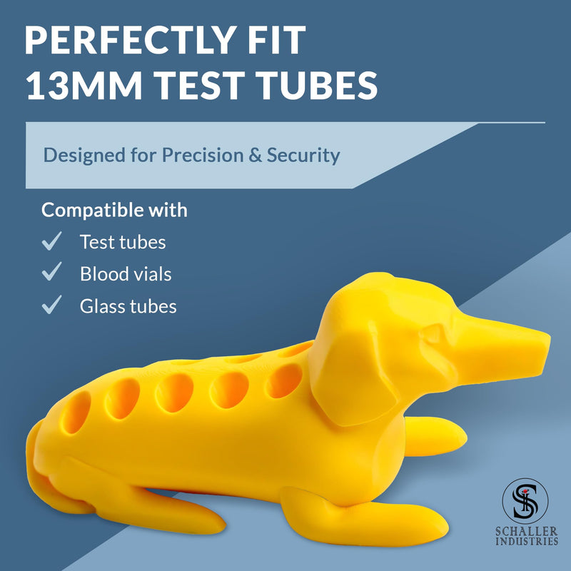 Schaller Industries Dachshund Test Tube Rack – for 13mm Lab Vertical Storage Tubes, Holds 10 Glass & Plastic Test Tube Holder Rack, Vial Holder, Phlebotomy Supplies and Equipment– Bright Yellow 13mm Tubes
