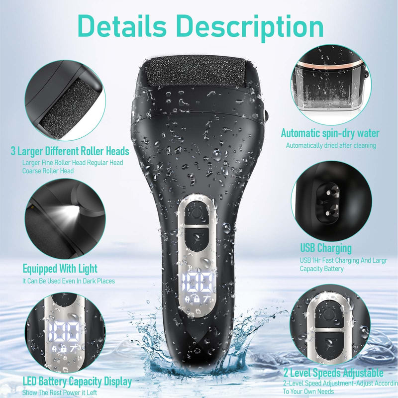 Electric Callus Remover for Feet - with Larger Grinding Head, Portable Pedicure Kit Foot File Callus Remover, Rechargeable Waterproof Foot File for Foot Care Deadskin Remover LCD Display-Black Callus remover with 3Head - BeesActive Australia