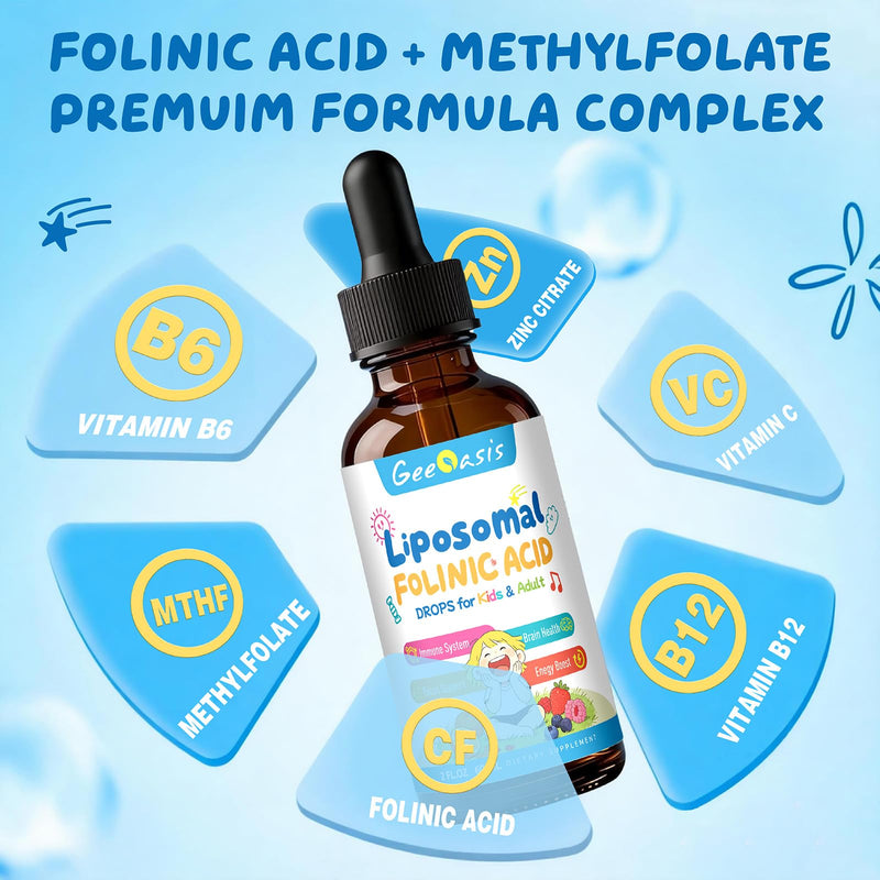 Liquid Folinic Acid & Methylfolate Drops for Kids, 2 Fl Oz | Folic Acid Supplement with Methylated B12 for Women, with Zinc Citrate, Vitamin B6 & C