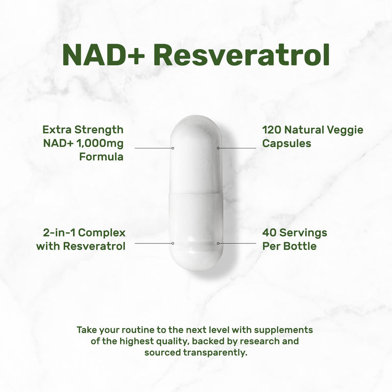 NAD+ Resveratrol Supplement 1,000mg Per Serving, 120 Veggie Capsules | 2-in-1 Extra Strength NMN Supplement Alternative | NAD Supplements for Women & Men | Non-GMO, Gluten Free