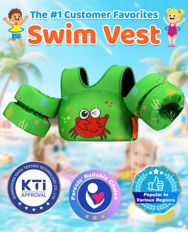 HeySplash Swim Vest for Kids, Toddler Pool Floaties Fit 33-66 Lbs, Children Swimming Vest with Adjustable Strap, Swim Jacket Water Wing Arm Float, Puddle Beach Boat Jumper Boy Girl, Green Crab Y-33-66lbs Green - BeesActive Australia
