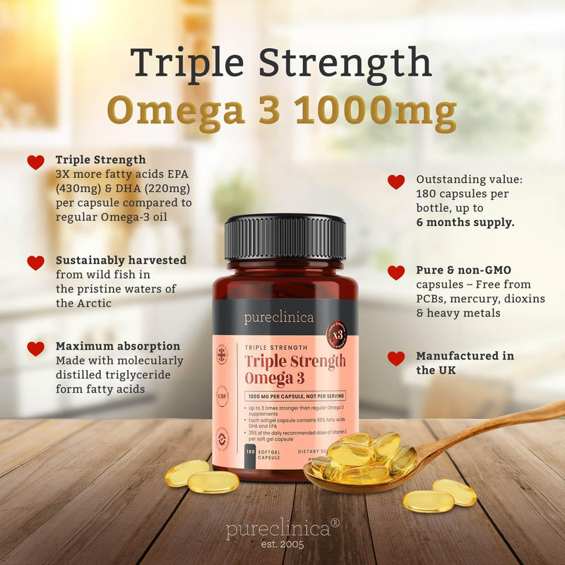 Triple Strength Omega 3 Fish Oil 1000mg, 180 Softgel Capsules (6 Months Supply), 430mg EPA & 220mg DHA per Capsule, Made in UK 180 Count (Pack of 1)