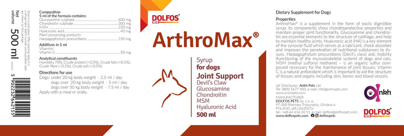 ArthroMax 500ml liquid Joint Supplement for Dogs Glucosamine Condroitin Devil's Claw MSM