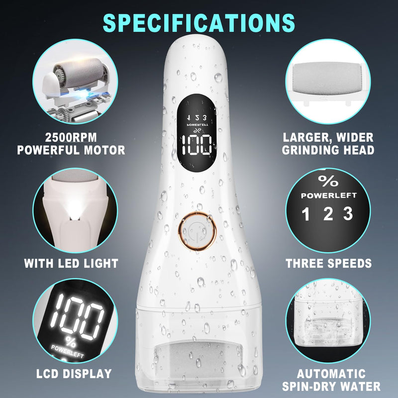 Callus Remover for Feet, 3 Speed Electric Foot Scrubber with Larger Grinder&LCD Display, Wet&Dry Using Foot File Professional Pedicure Tools, Foot SPA to Remove Callus Cracked&Hard Dead Skin (White) White - BeesActive Australia