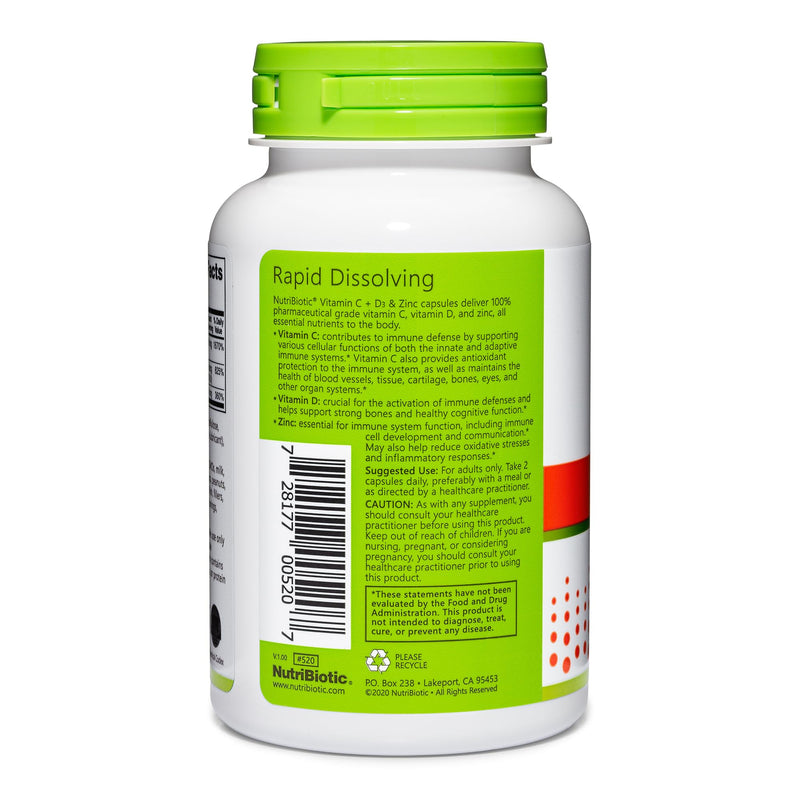 NutriBiotic – Vitamin C + Vitamin D3 & Zinc, 100 Capsules | Potent, Comprehensive Immune Support | Essential & Antioxidant Daily Supplement | Gluten & GMO Free 100 Count (Pack of 1)