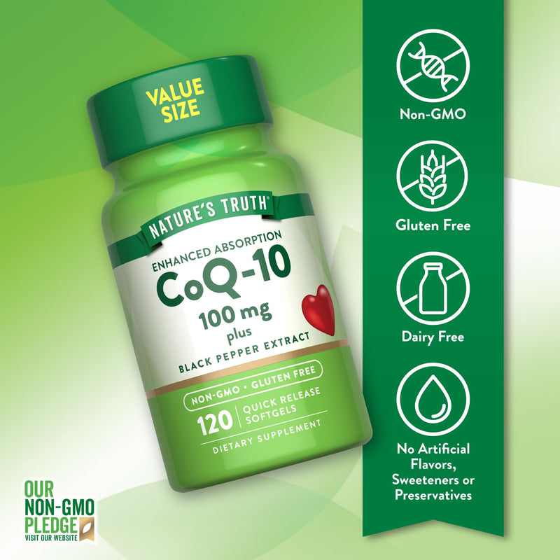 Nature's Truth CoQ10 100mg | 120 Softgels | High Absorption | Non-GMO & Gluten Free Coenzyme Supplement | with Black Pepper Extract