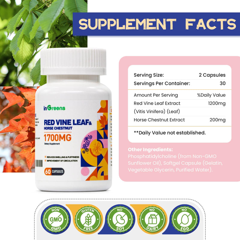 1700mg Red Vine Leaf Extract & Horse Chestnut Extract Supplements, Supports Vein, Skin Health, Circulation for Legs, 2Pack 60 Count (Pack of 2) - BeesActive Australia