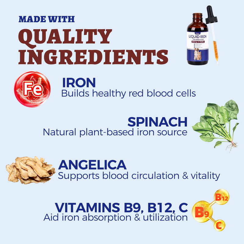 4oz Liquid Iron Supplement for Cats&Dogs-Vitamin B12&C-Cat Anemia Supplements, Hemoglobin Support,Lethargy,Pregnant Cat&Dog Essentials,Kitten & Puppy Supplements-Large Volume