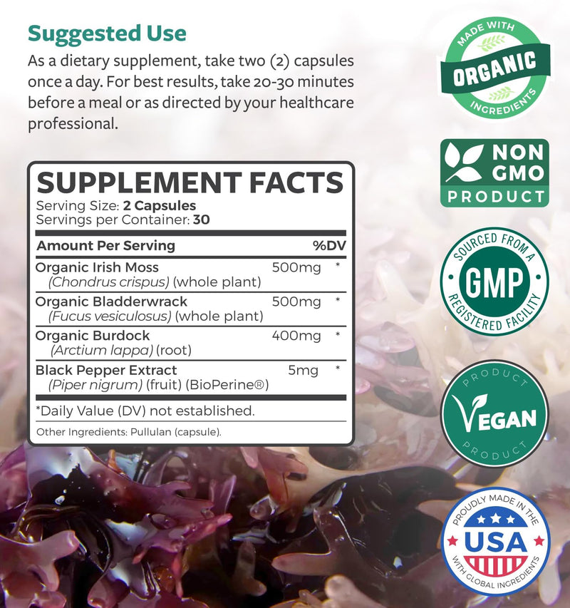 Organic Irish Sea Moss Capsules - Organic Sea Moss Capsules with Bladderwrack Burdock Root and Black Pepper Extract for Enhanced Absorption - Vegan Non-GMO & Made in the USA (1 Month Supply) 60 Count (Pack of 1)