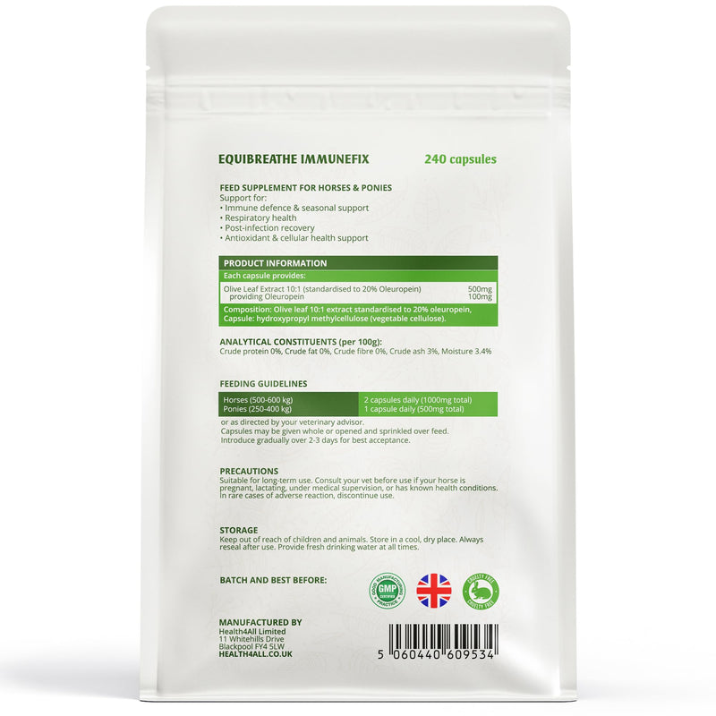 EquiBreathe Immunefix for Horses | 240 Easy-Open Capsules - 4 Months Supply | Immune Health & Respiratory Health Support, Post-Infection Recovery, Antioxidant for Horses | Made in the UK