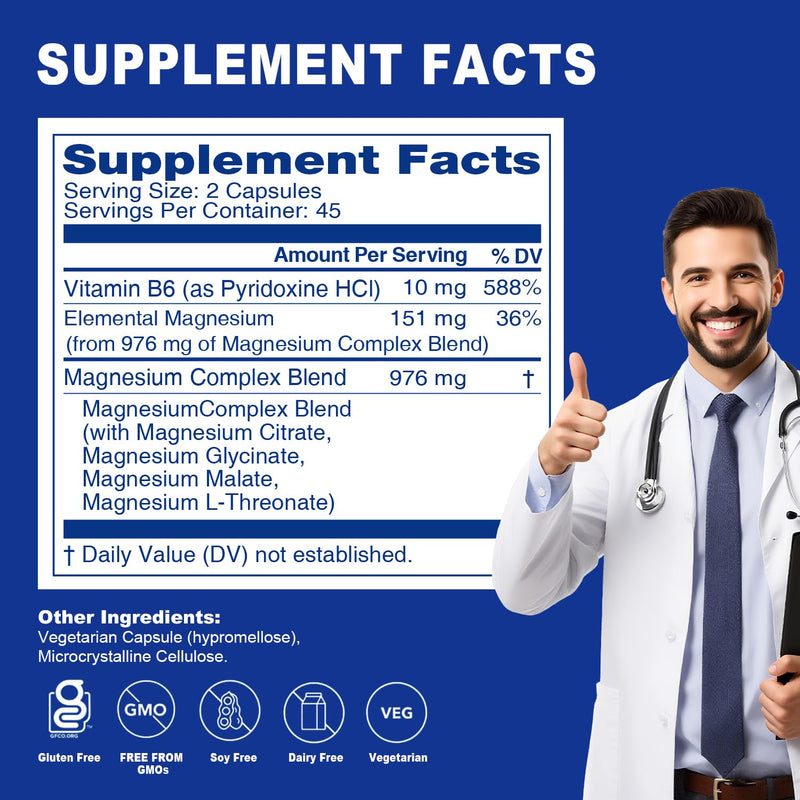 5 in 1 Magnesium Complex Capsule 976mg wtih Magnesium Glycinate, Citrate, Malate & Vitamin B6, High Absorption Magnesium Complex for Women & Men, Third-Party Tested, Vegan, Non-GMO 90 Count（Pcak of 1）