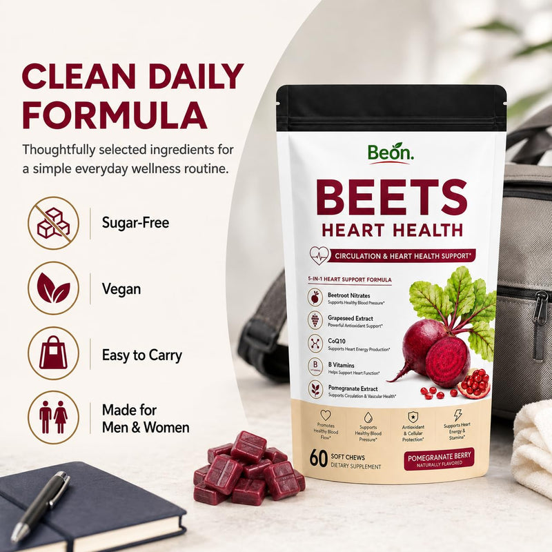 Beon Beet Chews, Beon Beetroot Chews Gummies for High Blood Pressure & Cardiovascular Support, Beet Root Gummies with L-CoQ10 & Grape Seed for Calm Mood, Sugar-Free Vegan, 60 Chew
