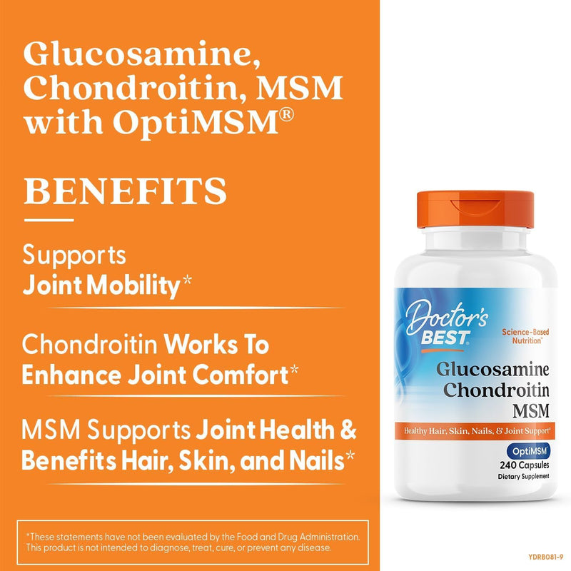 Doctor's BEST Glucosamine Chondroitin MSM - Joint Health Support Supplement for Women & Men, Nutritional Support for Joint Strength, Hair, Skin, & Nails, Gluten Free, Non GMO - 240 Capsules (2 Pack) Unflavored 240 Count (Pack of 2)