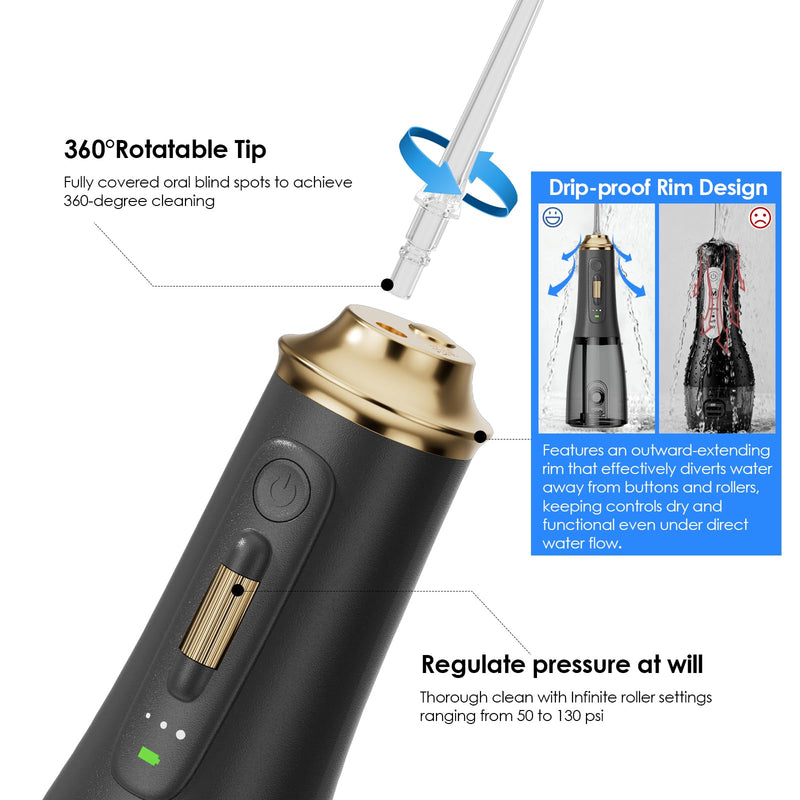 300ML Long-Lasting Battery Life Water Flosser Adjustable Pressure Oral Irrigator Flosser with 4 Interchangeable Nozzle Tips for Implants/Braces/Receding Gums (Black&Gold) Black&gold