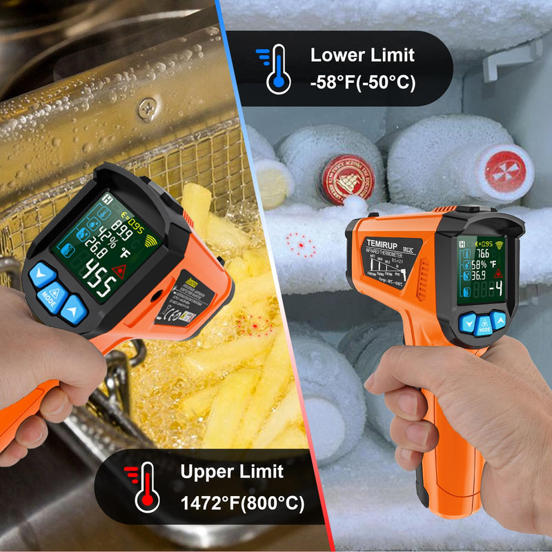 Infrared Thermometer Gun, Non Contact Digital Laser Thermometer Temperature Gun with Color LCD for Cooking, Home Repairs, Humidity Measurement, Adjustable Emissivity -58°F to 1472°F(-50~800°C) Orange -58℉~1472℉(-50℃~800℃)