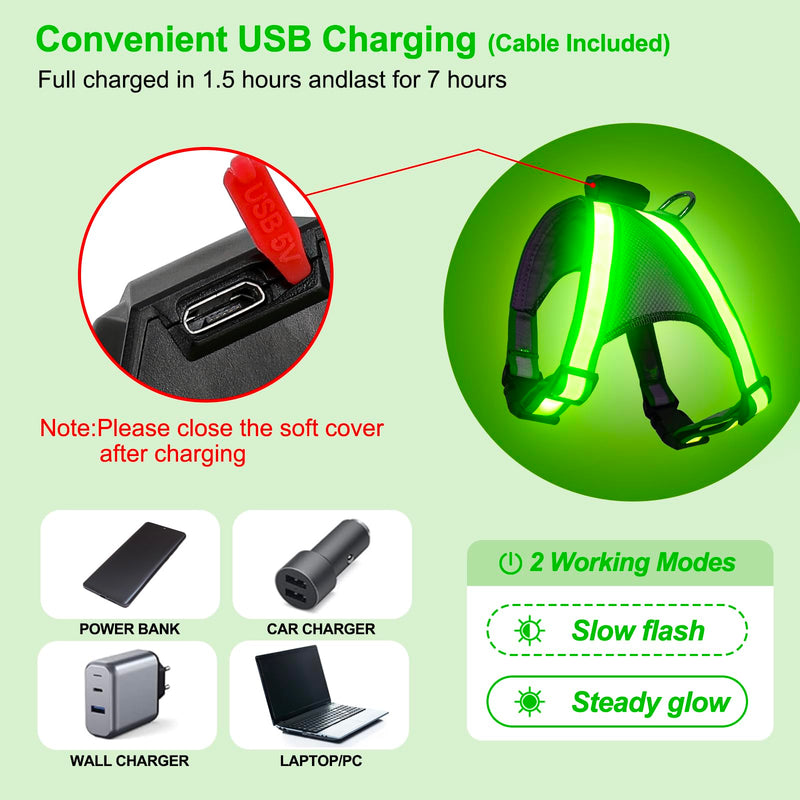 Visinite LED dog harness with light, dog harness luminous, rechargeable, 2 lighting modes, light harness for dogs, adjustable illuminated dog harness, light for safety when walking at night, green, large - BeesActive Australia