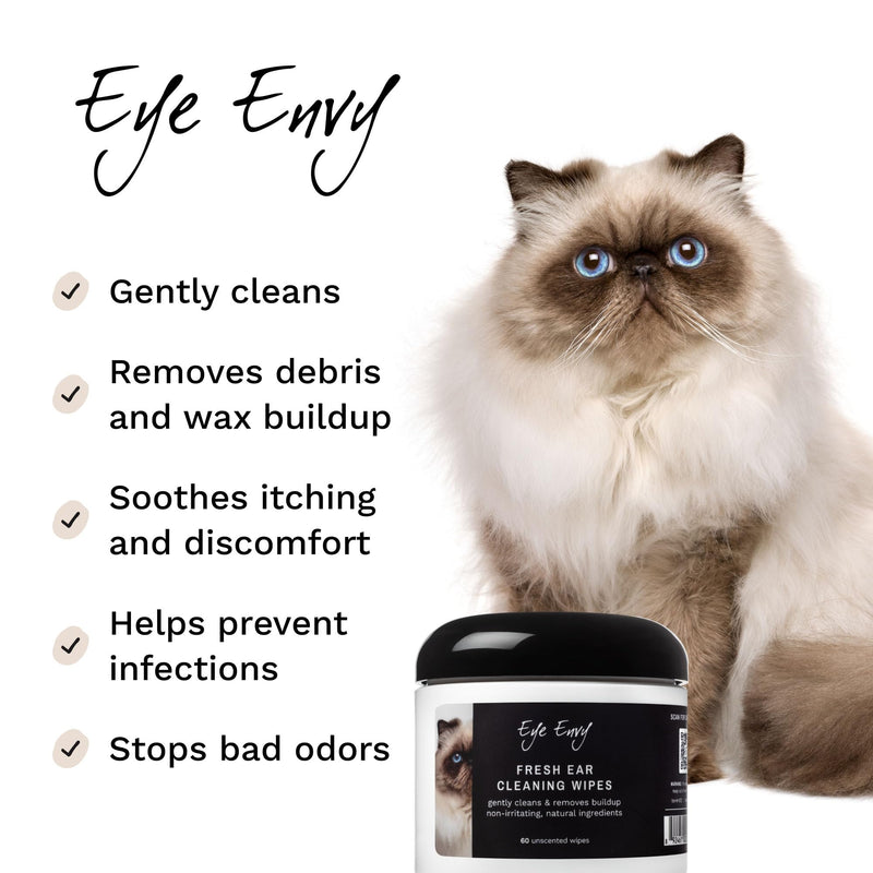 Eye Envy Fresh Ear Cleaning Wipes for Cats. Made in The USA from Natural Ingredients. Unscented. Safe and Non-Irritating. Removes Dirt, Debris, and Wax buildup. 60 Count.