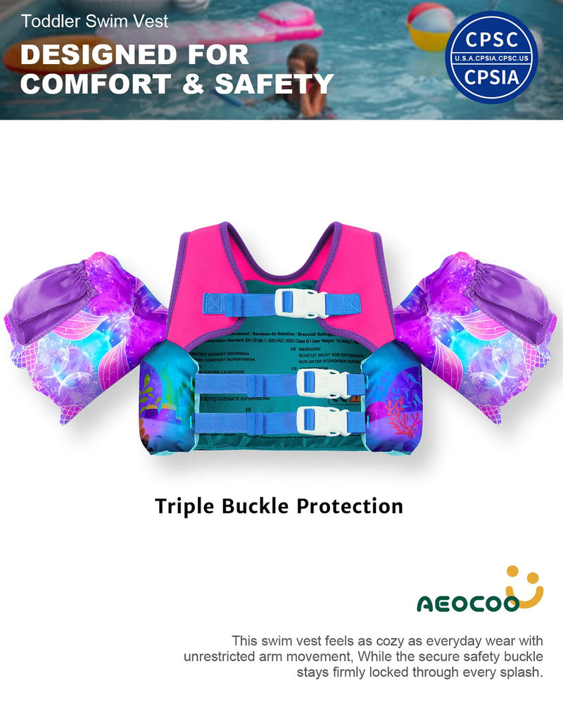 AEOCOO Puddle Float Jumper 20-30-50-60-70 Pounds, Toddler Swim Vest for 1-3-5-6-9 Years Old, Pool Floats with Swimming Arm Floaties Swim Jacket & Water Wings for Kids Swimmies, Boys, Girls, Niños Mermaid Fit 3-5-6-9 Years, 30-50-60-70 lbs