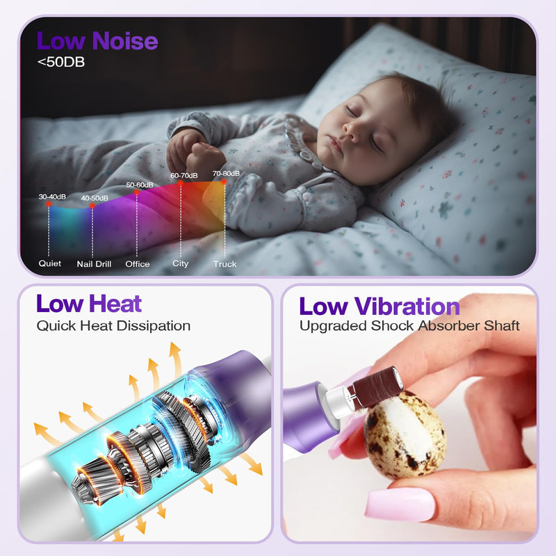 Professional Electric Nail Drill 2000mAH Portable Cordless Electric Nail File 10 in 1 Manicure Pedicure Kit ,5-Speeds Toe Nail Tools Hand Foot Care,Thick Toenail Grinder for Women Men Pets (Purple) Purple - BeesActive Australia