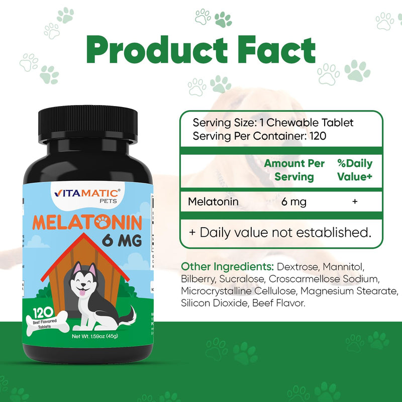 Vitamatic Melatonin for Dogs - 6 mg - 120 Beef Flavored Chewable Tablets ((Pack of 2)) (Pack of 2)