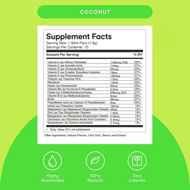 MIXHERS Multi - Women's Multivitamin Drink Mix - 15 Drink Packets - Coconut | Plant-based, gluten-free & sugar-free; vitamins A, C, D, E, K & B12; powder mix, stevia-sweetened