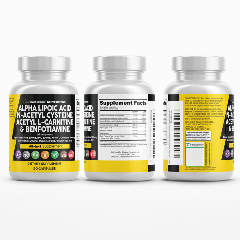 Alpha Lipoic Acid 600mg N-Acetyl Cysteine 600mg Acetyl L-Carnitine 500mg Benfotiamine 300mg - Nerve Support Supplement for Women and Men with Vitamin B1 B6 & B12 - Made in USA 90 Caps 90 Count (Pack of 1)