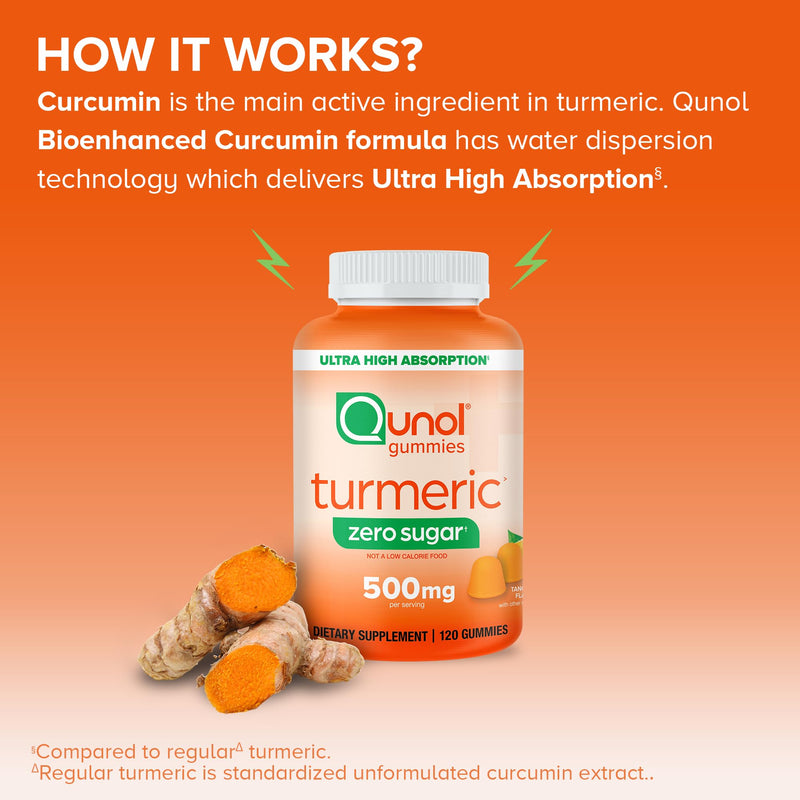 Qunol Zero Sugar Turmeric Gummies, Gummy with 500mg Turmeric Curcumin, Joint Support Supplement, Ultra High Absorption Tumeric Curcumin, Vegetarian, Gluten Free, 120 Count 120 Count (Pack of 1) - BeesActive Australia