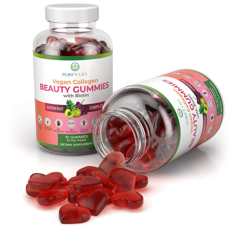 Vegan Collagen Booster Gummies with Biotin, Support Hair, Skin, Nail Health | Collagen support superfruit complex with vitamin A, E, C & biotin - tasty alternative to capsules & pills, vegan, made in USA Beauty Gummies