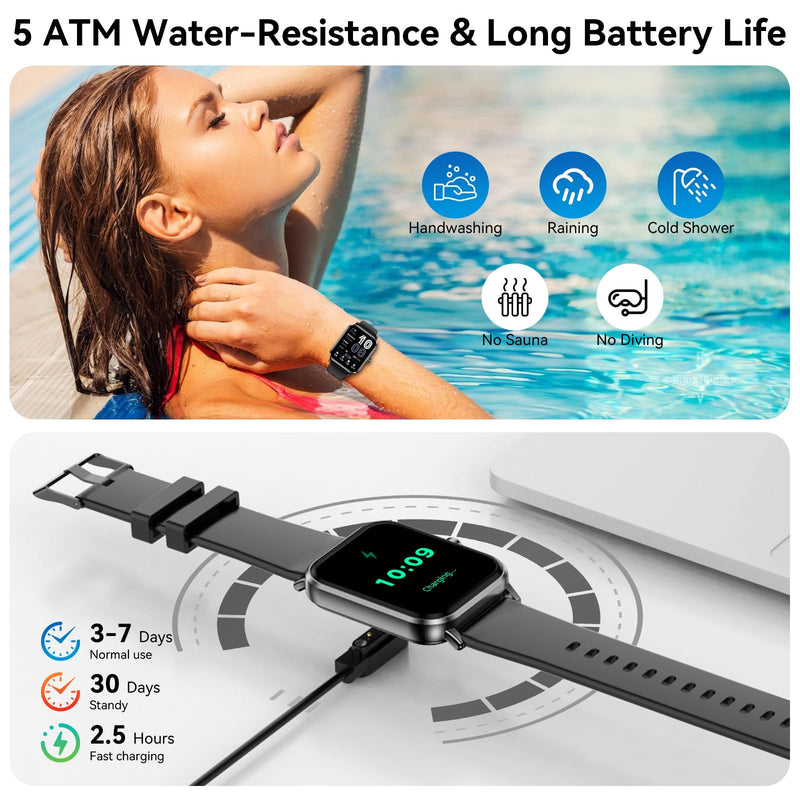 Smart Watches for Men Women, 1.83" HD Touchsreen, Bluetooth Calling, 5 ATM Water-Resistance, 130+ Sports Modes, Health, Fitness & Sleep Tracker, Timer, Pedometer, Fitness Watch for Android/iOS, Black - BeesActive Australia