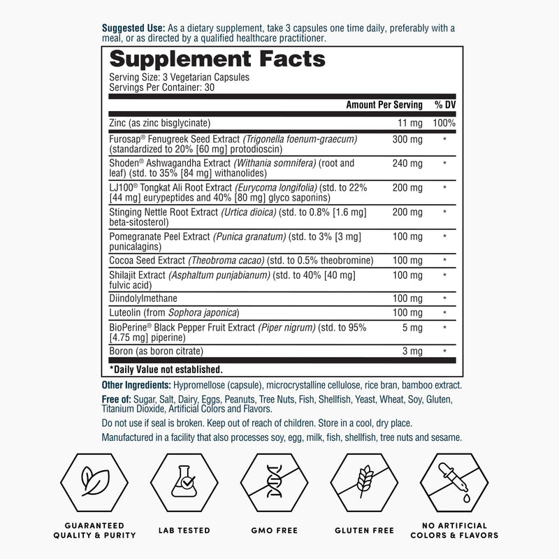 Nature's Lab Gold Vital Testosterone with Adaptogenic Herbs, Targeted Minerals and Bioactive Compounds* - Supports Healthy Testosterone Levels & Vitality* - 90 Capsules (30 Day Supply)