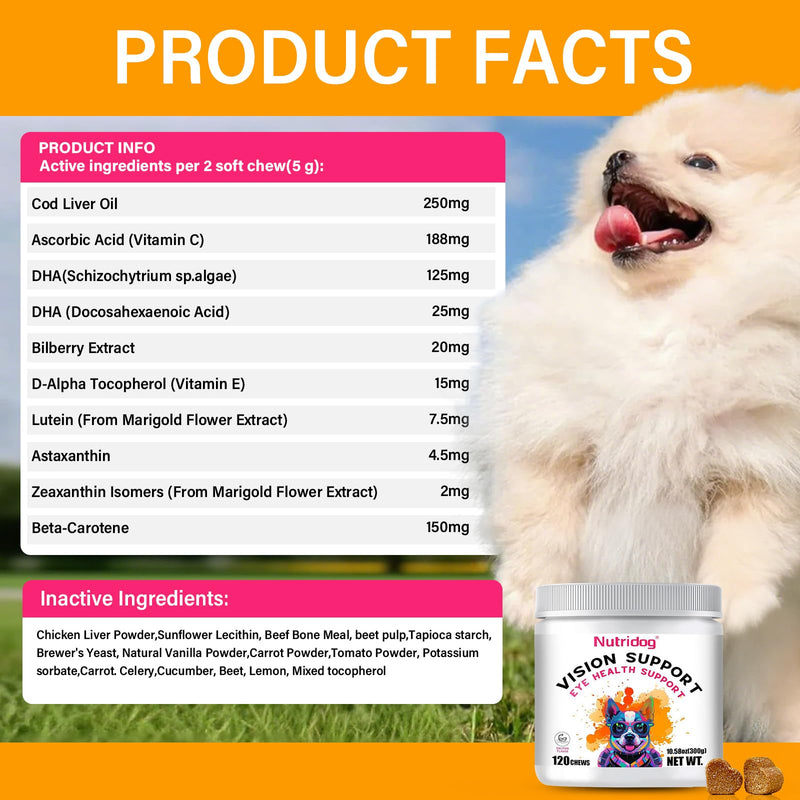 Eye Supplements for Dogs - Vision Support Soft Chews with Lutein, DHA & Vitamin C | 120ct Salmon Flavor Tear Stain Chews | Cataract & Dry Eye Relief Supplement (120 Ct, Salmon) 120 Ct