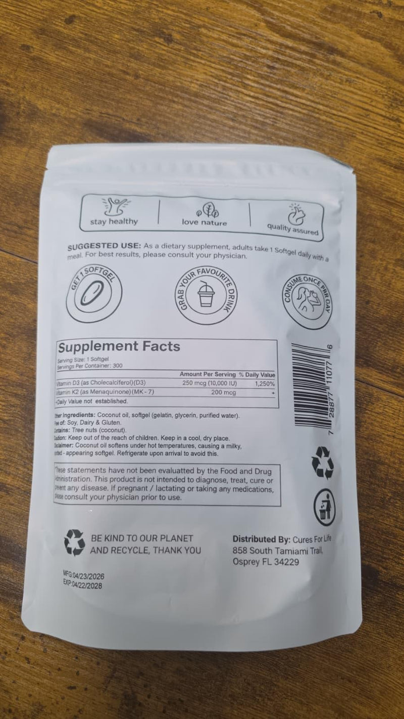 Vitamin D3 + K2 Supplement 10,000 IU & 200 mcg - Infused with Coconut Oil for Max Absorption - Bone & Immune Support - Non-GMO, Gluten Free - 300 Softgels