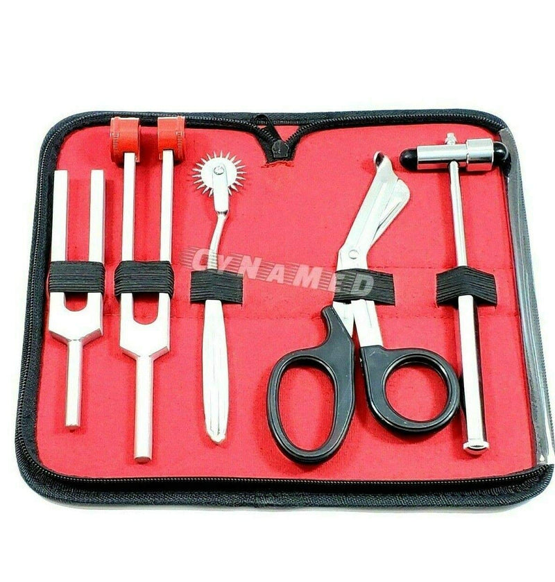 5 Piece Student Diagnostic Kit - Reflex Neurological Buck Hammer And Tuning Fork Set C 128 And C 512. Includes Wartenberg Pinwheel, Premium Steel Bandage Scissor 7.5” Black