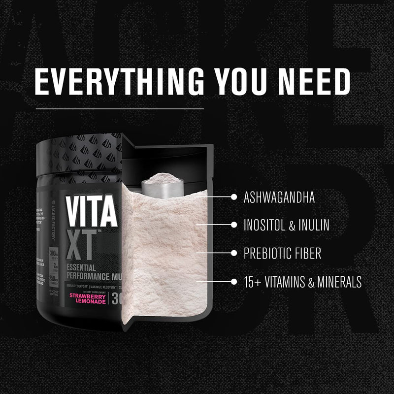 Jacked Factory Vita XT Performance Vitamin Powder - Daily Multivitamin Powder for Men with KSM-66 Ashwagandha, Prebiotic Fiber, Vitamin A, C, D, K, B6, B12, & More - Strawberry Lemonade, 30Sv