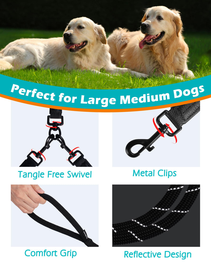 PetBonus Rope Double Dog Leash, No Tangle Dual Dog Leash, Reflective Walking Training Lead with Two Comfortable Padded Handles, 2 Dog Leash Coupler for Medium Large Dogs (1/2” x 6.5FT, Black) 1/2" x 6.5 FT (50~180 lbs.) - BeesActive Australia