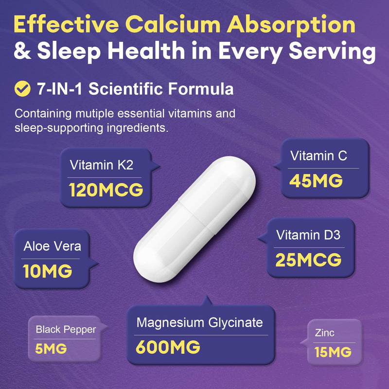 7-IN-1 Magnesium Glycinate 600mg Vitamin D3 K2 Supplement, 120 Capsules | High Absorption Magnesium Complex for Relaxation, Muscle, Energy & Sleep Health for Men & Women, Vegan, Non-GMO, Gluten-Free