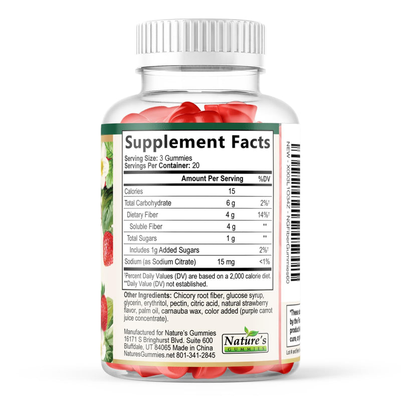 Prebiotic Fiber Gummies - 4g Dietary Fiber Per Serving - Extra Strength Daily Supplement for Adults - Tasty Strawberry Flavor - Plant Based Digestive and Regularity Support - 60 Gummies