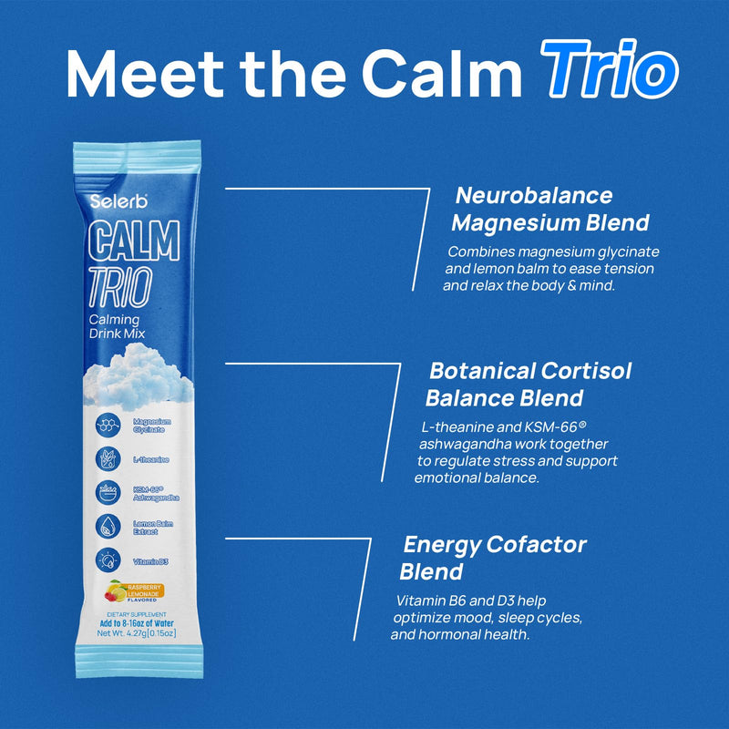 Selerb CalmTrio Magnesium Glycinate Powder Cortisol Drink Mix - No Sugar with L-Theanine, Ksm-66® Ashwagandha, Lemon Balm, Vitamin D3, B6, Supplements for Relax, Focus & Calm, Raspberry Lemon 20 Ct