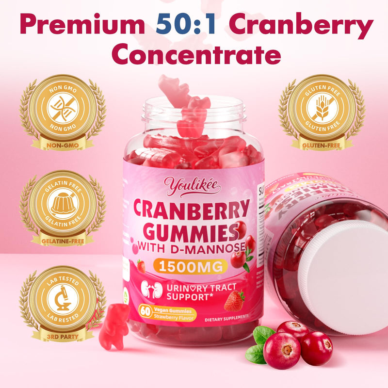 Vegan Cranberry Gummies with D Mannose - Supports Urinary Tract Health for Women & Men, Sugar-Free, Non-GMO and Gluten Free, Strawberry Flavor, 60 Count 60 Count (Pack of 1)