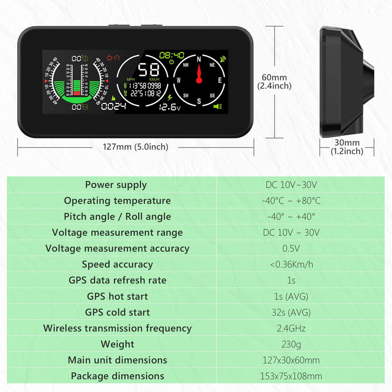 Car Inclinometer for Off Road Vehicles, GPS Speedometer MPH KMH with Compass Multfunctional Digital HUD Level Tilt Gauge Angle Slope Meter with Coordinate Display, M60