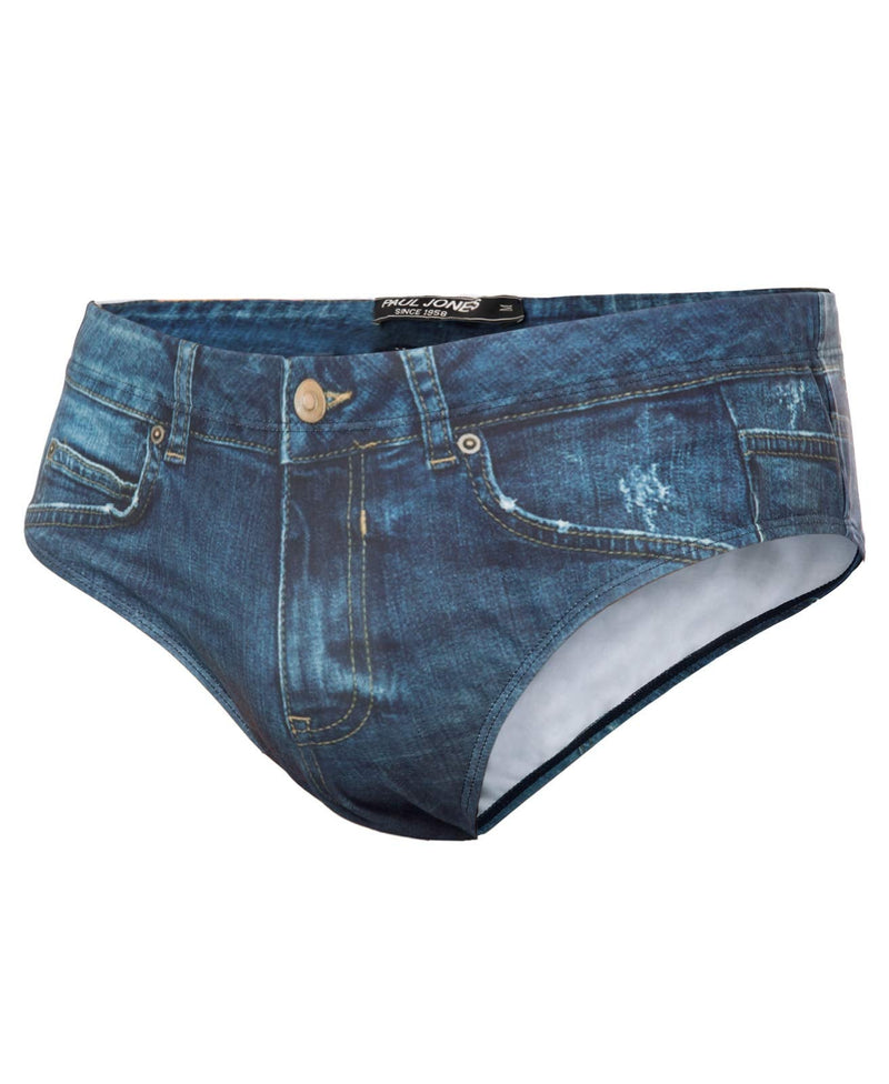 PJ PAUL JONES Men's Swim Brief Denim Print Swim Trunks Drawstring Waist Swimsuit Bikini Briefs XX-Large Navy Blue - BeesActive Australia