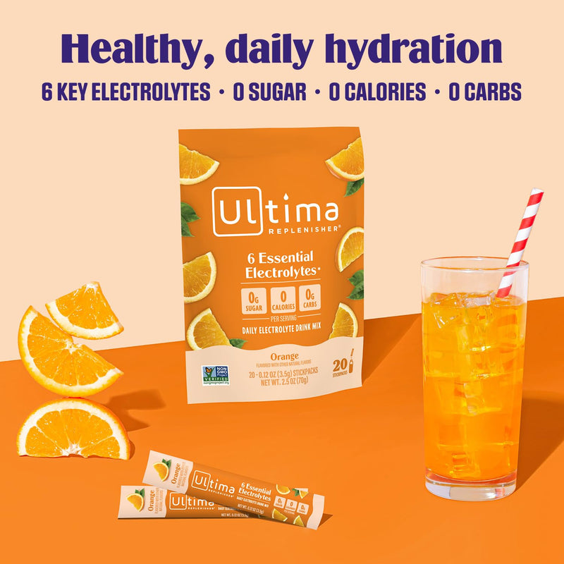 Ultima Replenisher Daily Electrolyte Powder Drink Mix ‚ÄìSugar Free ‚Äì Orange, 20 Stickpacks ‚Äì Hydration Packets with 6 Key Electrolytes and Trace Minerals ‚Äì Keto Friendly, Vegan, Non-GMO