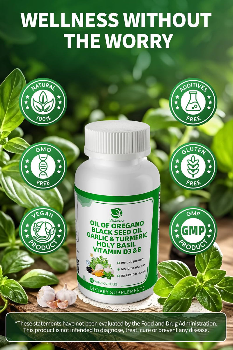 Organic Oil of Oregano Capsules with Black Seed Oil, Garlic, Turmeric, Holy Basil, Vitamin D3, E & Black Pepper for Better Absorption ‚Äì Immune, Digestive & Respiratory ‚Äì Vegan, Non-GMO, 4 Month Supply 60 Count (Pack of 2)