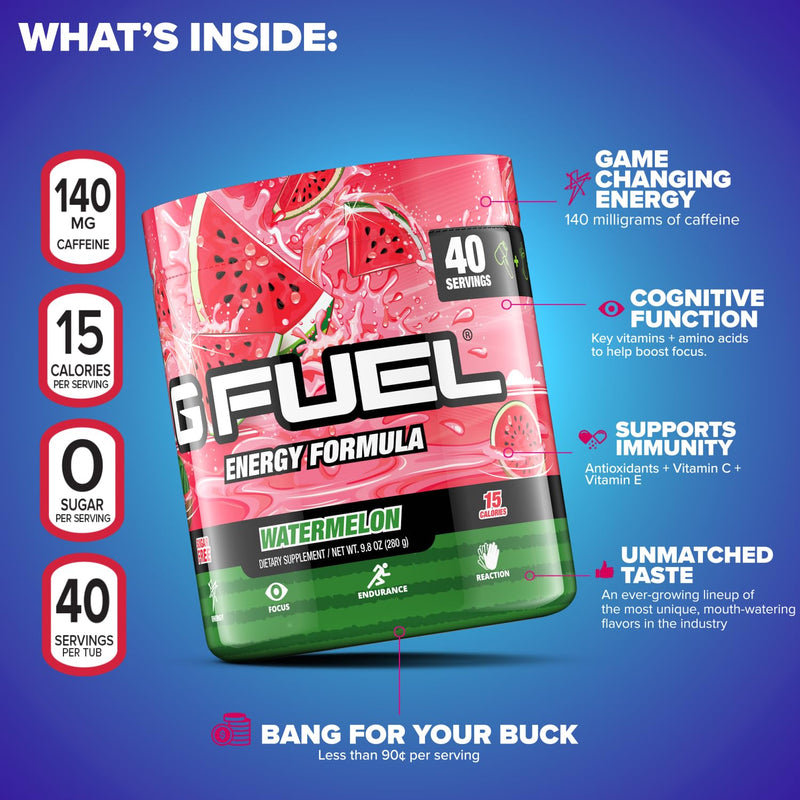 G Fuel Watermelon Energy Drink Powder, Pre Workout Caffeine Mix for Gaming, Sugar Free Focus Amino, Vitamin + Antioxidants, 9.9oz (Watermelon, 40 Servings)