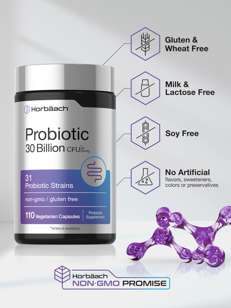 Horbäach Probiotic 30 Billion CFU | 31 Probiotic Strains | 110 Vegetarian Capsules | Supported by Organic Prebiotic Fiber | Non GMO, Gluten Free