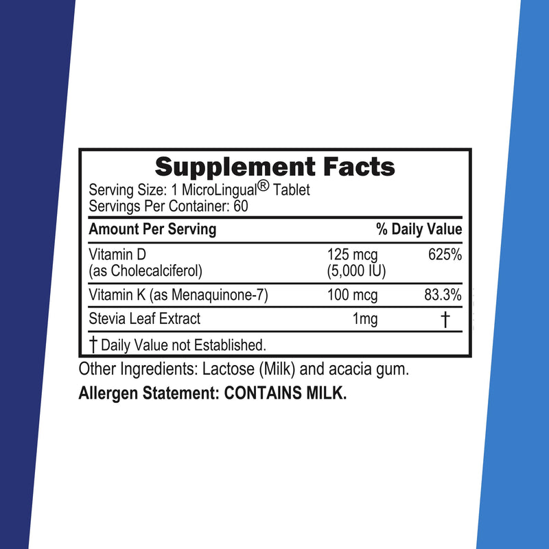 Superior Source K2 (MK-7) 100 mcg, with D3 (5,000 IU) Supplement, Quick Dissolve MicroLingual Tablets, 60 Count, Strengthen Bones, Cardiovascular & Immune System Support, Non-GMO