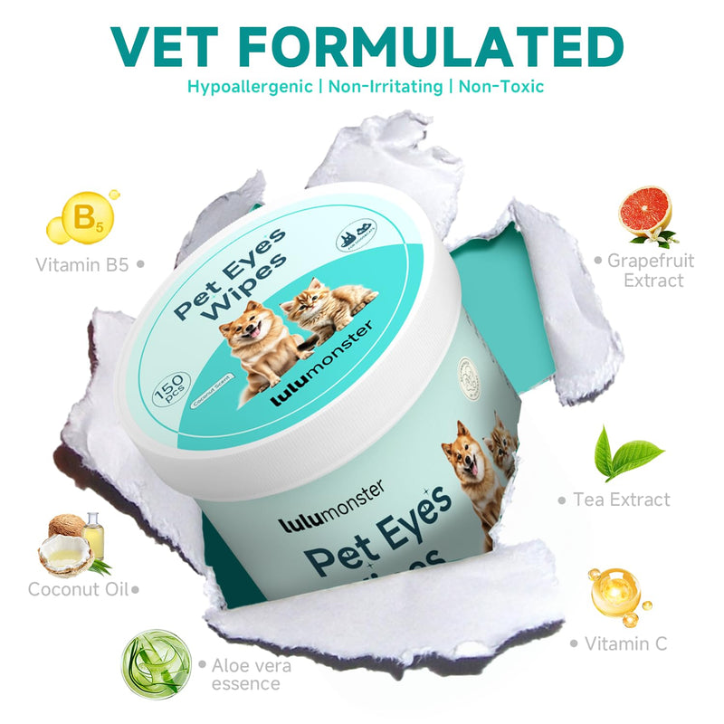 Pet Eyes Wipes for Dogs & Cats, Gentle Remove Tear Stain, Eye Debris, Discharge, Mucus Secretions Grooming Deodorizing Wipes, Non-irritating Ingredients with Aloe & Coconut Oil -150pcs - BeesActive Australia