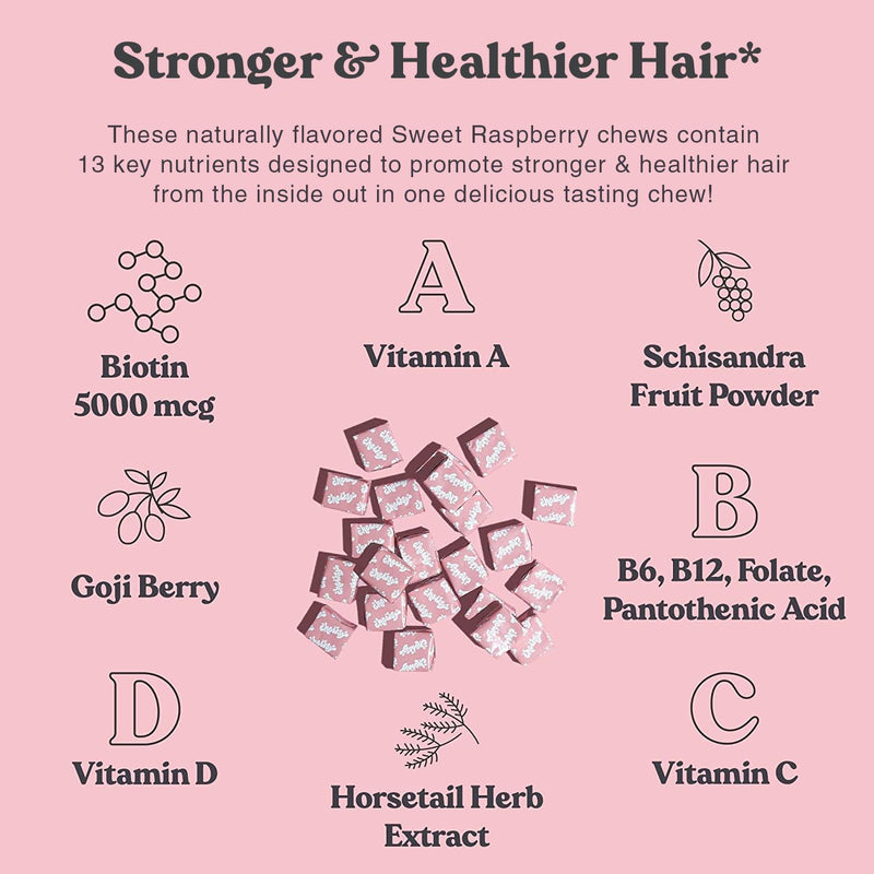 Chewsy - Beautiful Hair - Support for Stronger, Healthy Hair - with Biotin, Horsetail Extract, Goji Berry & Vitamins - Sweet Raspberry, 30-Day Supply 30 Count (Pack of 1)